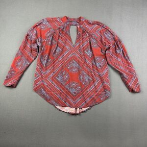 Free People Walking on a Dream Tunic Top Womens XS Red Blue Western Boho Cut Out